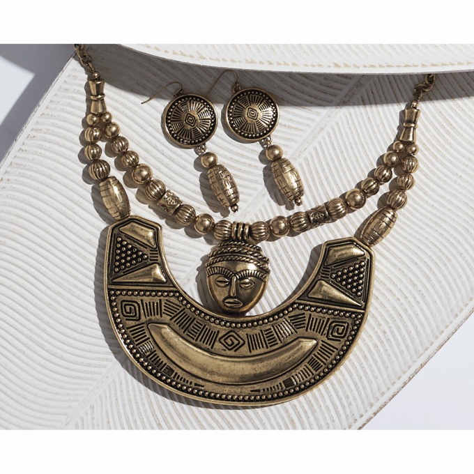 Face Ethnic Metal Necklace and Earring Set, , large