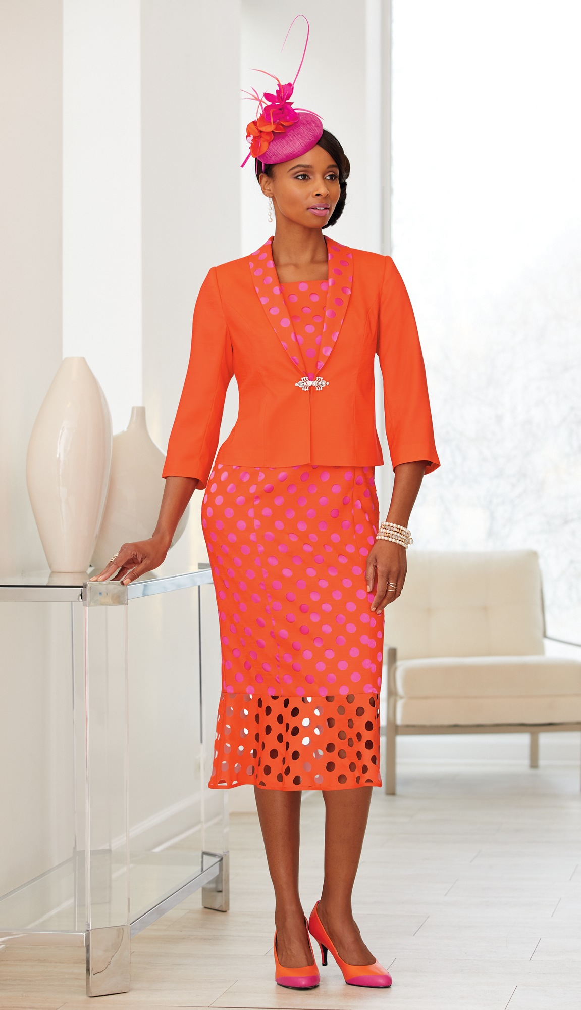 Laser-Cut Jacket Dress, Fascinator and 