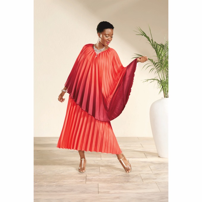 Olanna Women&rsquo;s Pleated Caftan Dress with Attached Asymmetrical Cape, , large