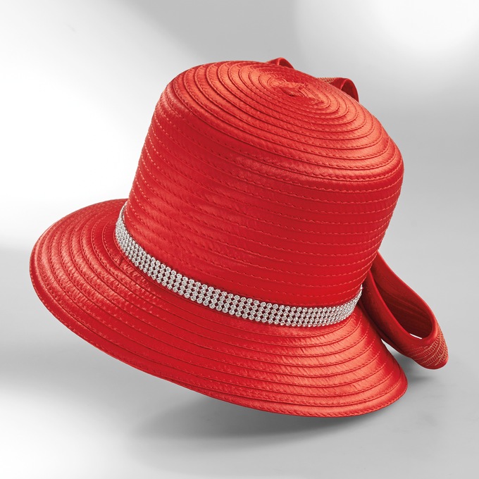 Kelis Women's Church Hat with Oversized Bow and Rhinestone Brooch, Flame Red, large