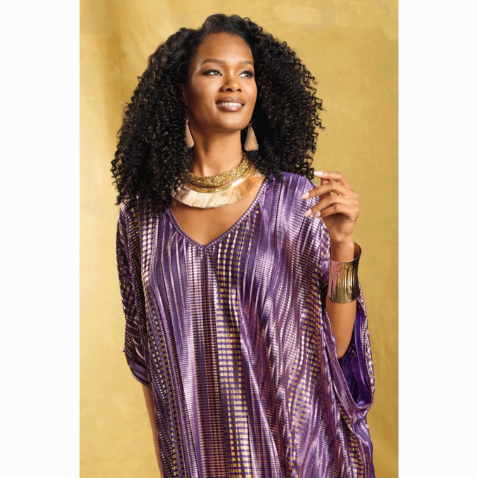 Gisele Foil-Printed Women's Caftan with Pleats, Purple Gold, large