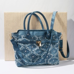 Studded Denim Satchel, , large