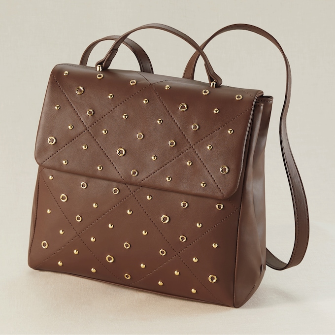 Studded Genuine Leather Foldover Bag with Rivets and Studs, Chocolate, large