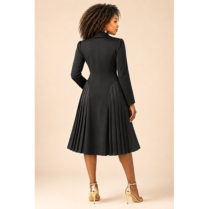 Claudine Women's Velvet Dress with Satin Pleats and Rhinestone Buttons, Black, large