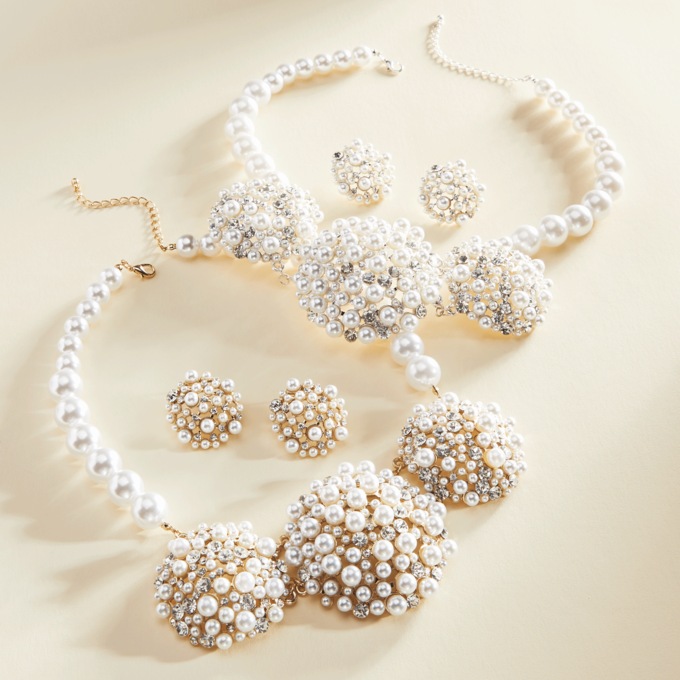 Faux-Pearl Crystal Cluster Necklace & Earring Set, Goldtone, large