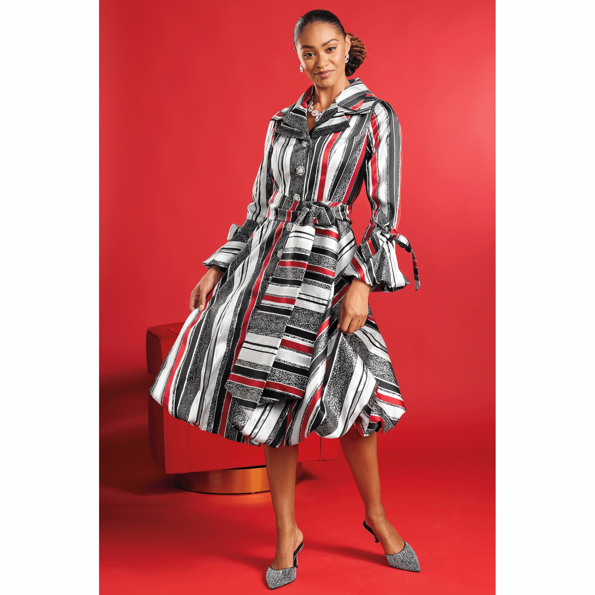 Thressa Bubble-Hem A-Line Dress with Double-Collar, Bows and Bold
