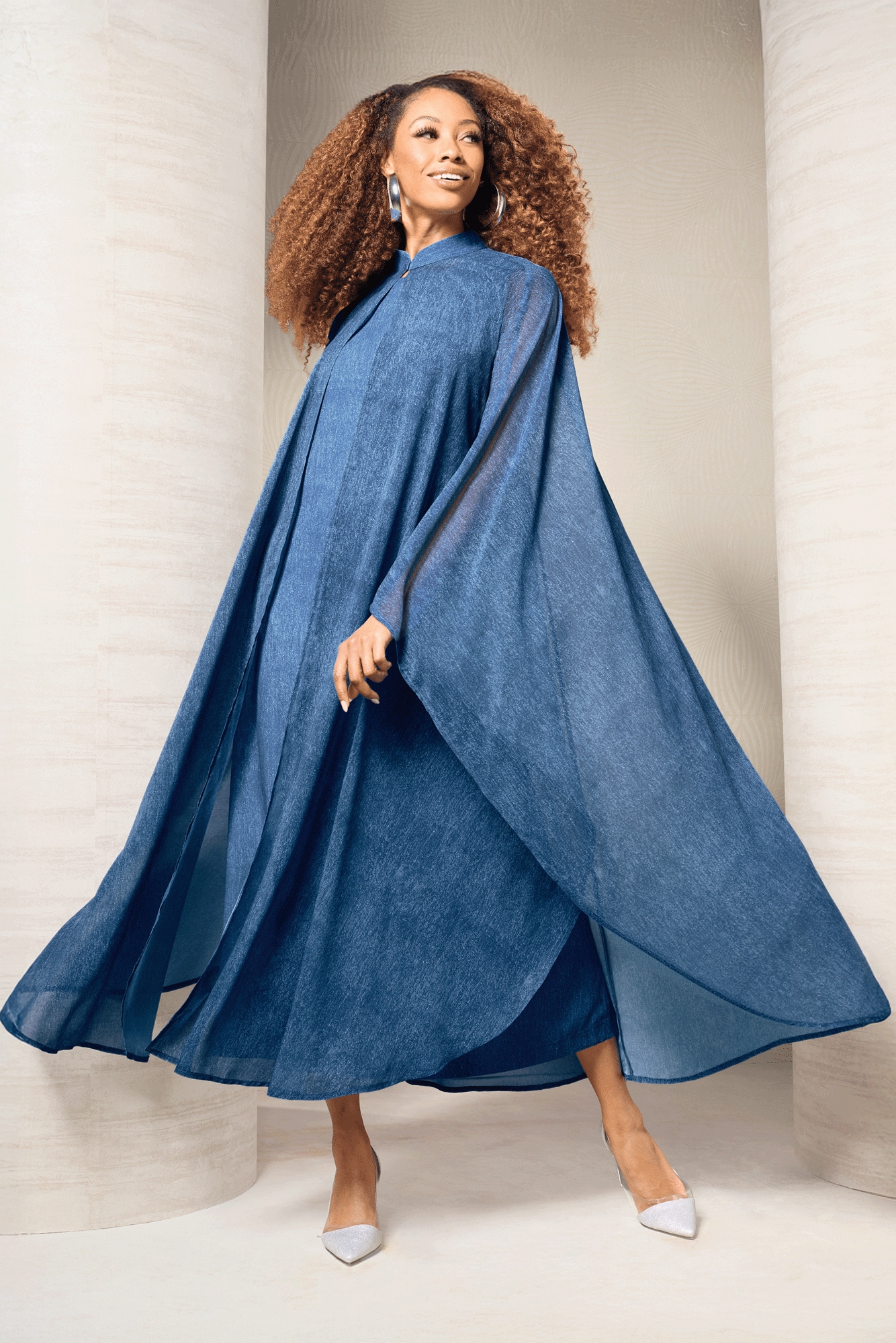 Jessica 2-Piece Jacket Dress With Sheer Cape, Size 6, Denim , Misses