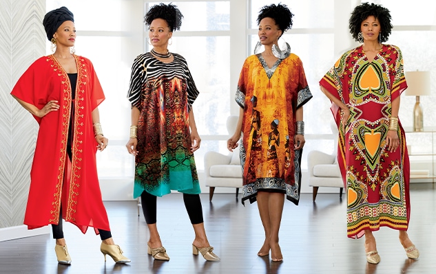 Kamala Emb Caftan, Binta Short Caftan, Zuberi Short Caftan, and Mirembe Long Caftan